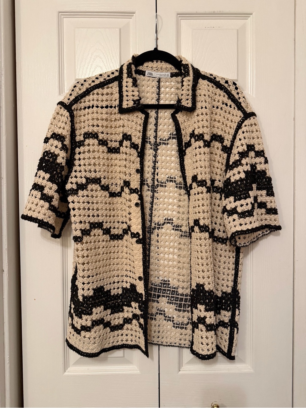 ZARA Cream Crochet Openwork Short Sleeve Shirt with Black Trim